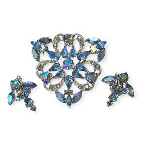 VTG 40s Bogoff Brooch & Clip Earring Set Aurora Borealis Aquamarine & Silver